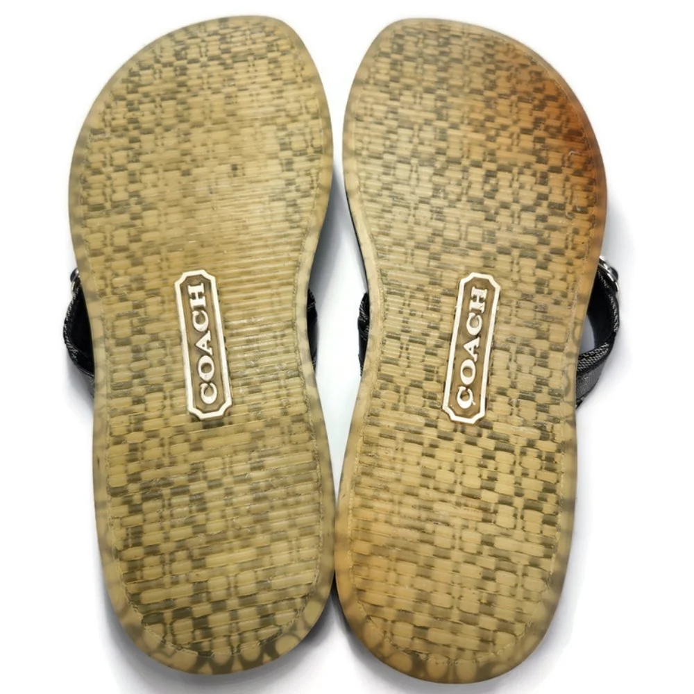 Coach Lindsey Black & White Jacquard Gunmetal Silver Leather Flip-Flop Sandals